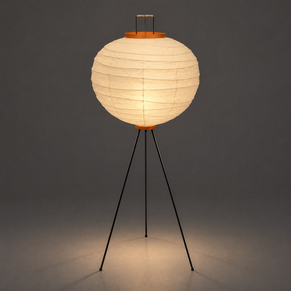 Akari 10D Floor Lamp — same shade lit, casting a warm pool of light onto the studio floor — Captains Bamboo