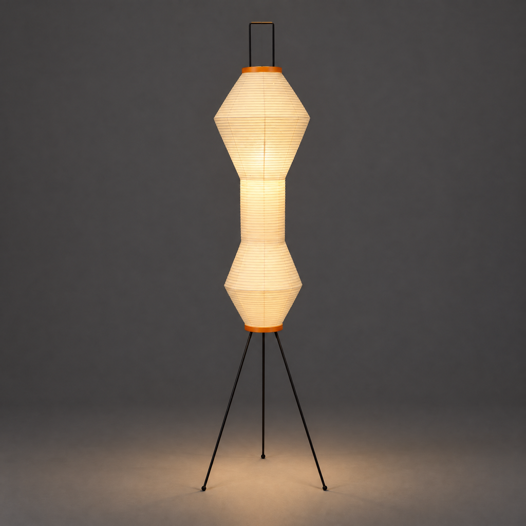 Akari 12A Washi Floor Lamp — both shades lit and glowing warm, light falling on the floor below them — Captains Bamboo