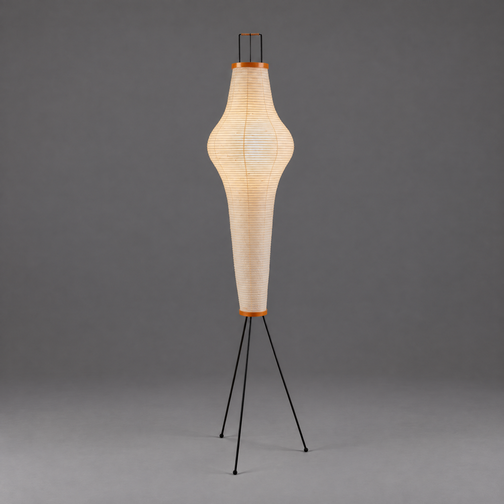 Akari 14A Floor Lamp — unlit teardrop shade narrowing to a long tapered stem on black legs — Captains Bamboo