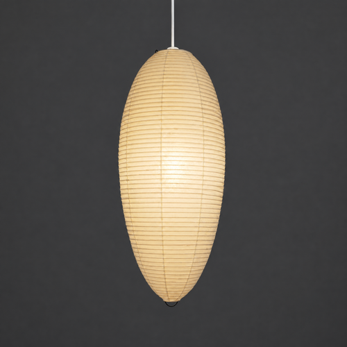 Akari 23A Washi Pendant — lit oval shade glowing through the washi paper — Captains Bamboo