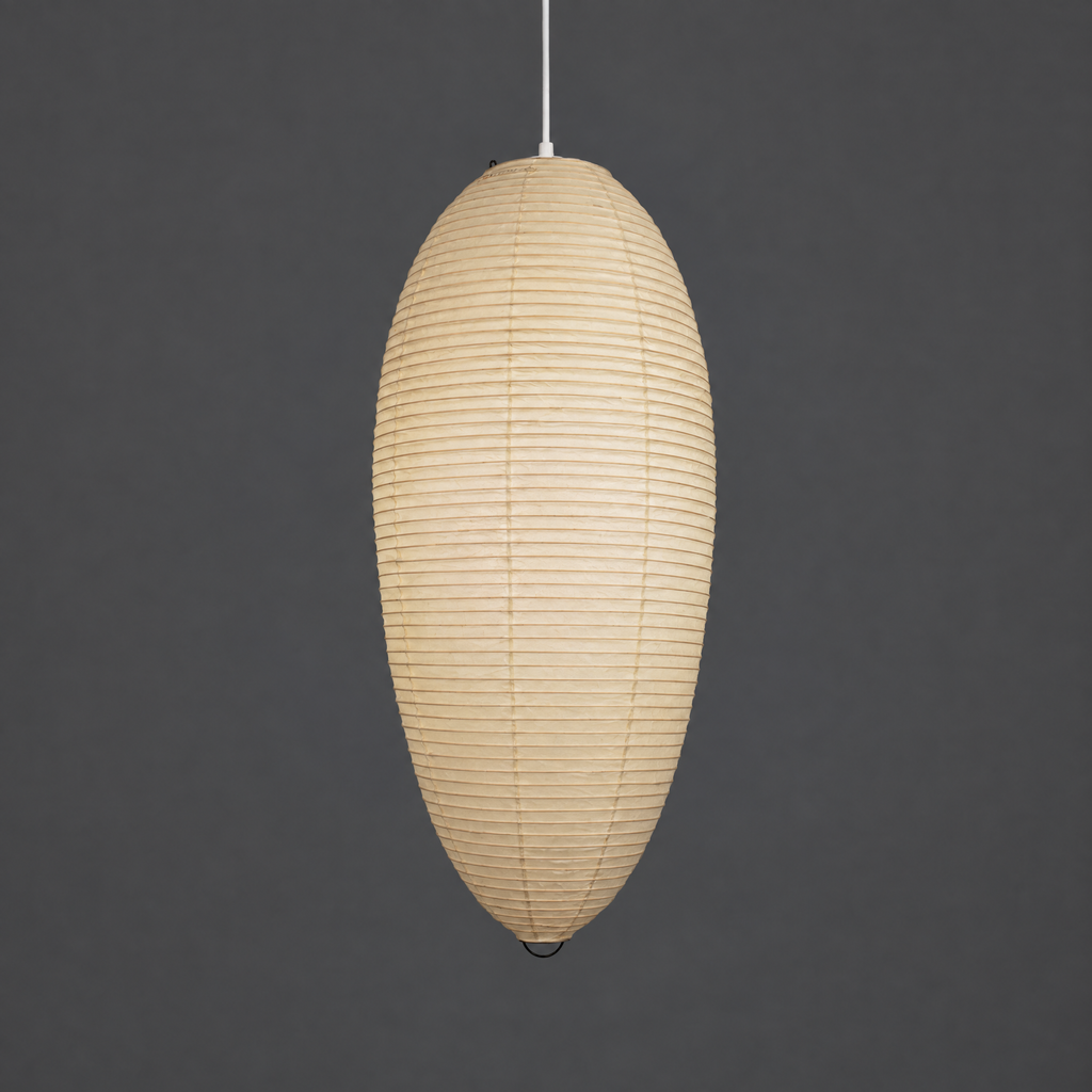 Akari 23A Washi Pendant — elongated oval shade with bamboo ribbing, unlit — Captains Bamboo