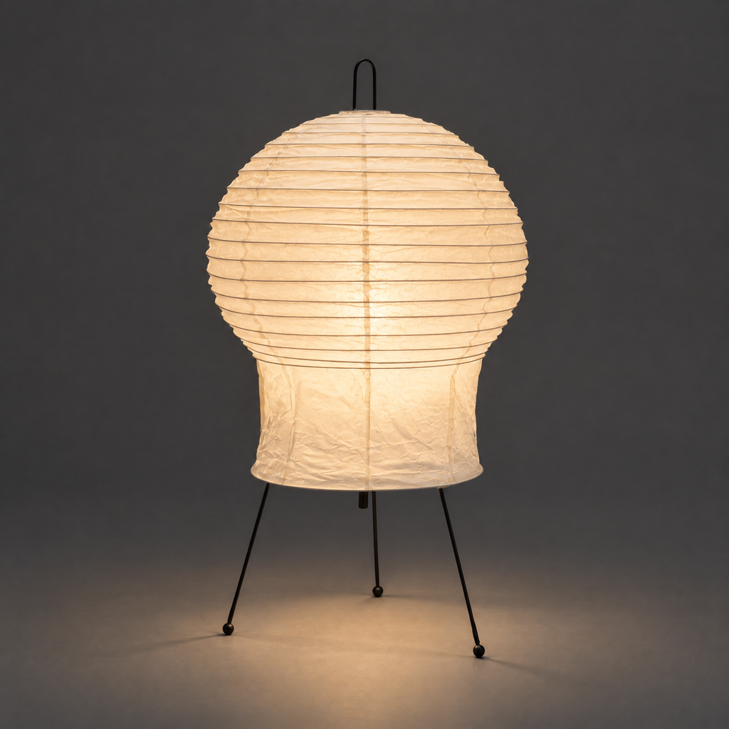 Akari 2N Washi Table Lamp — lit shade glowing on gray background with light spilling onto the floor — Captains Bamboo