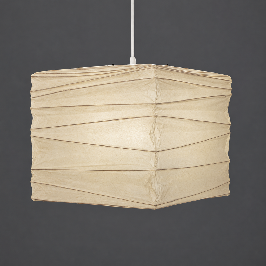 Akari 45X Washi Ceiling Lamp — unlit cube-shaped shade hanging on a dark grey studio wall — Captains Bamboo