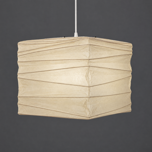 Akari 45X Washi Ceiling Lamp — unlit cube-shaped shade hanging on a dark grey studio wall — Captains Bamboo