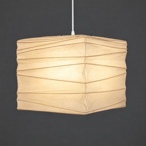 Akari 45X Washi Ceiling Lamp — the same cube shade lit, warm paper in the studio — Captains Bamboo