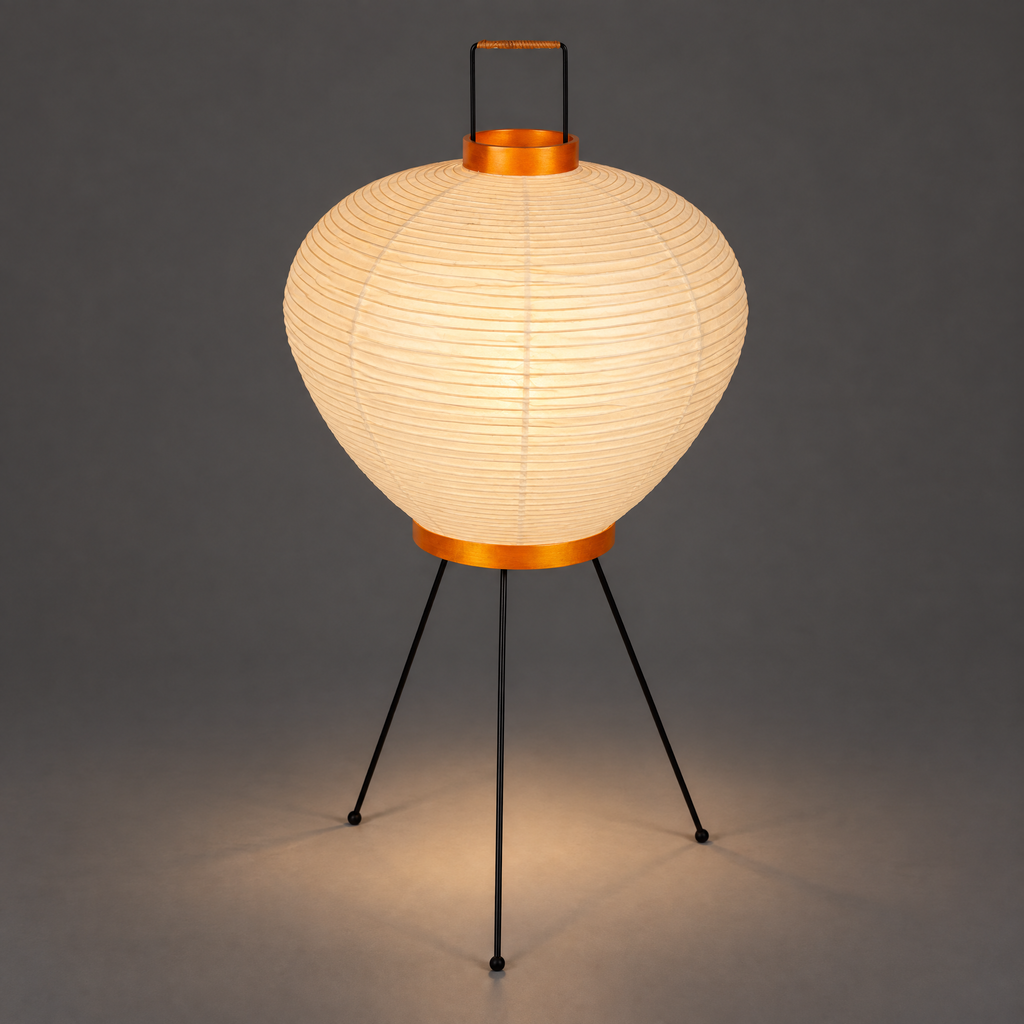 Akari 3A Table Lamp — lit round shade glowing warm, light spreading on the floor — Captains Bamboo