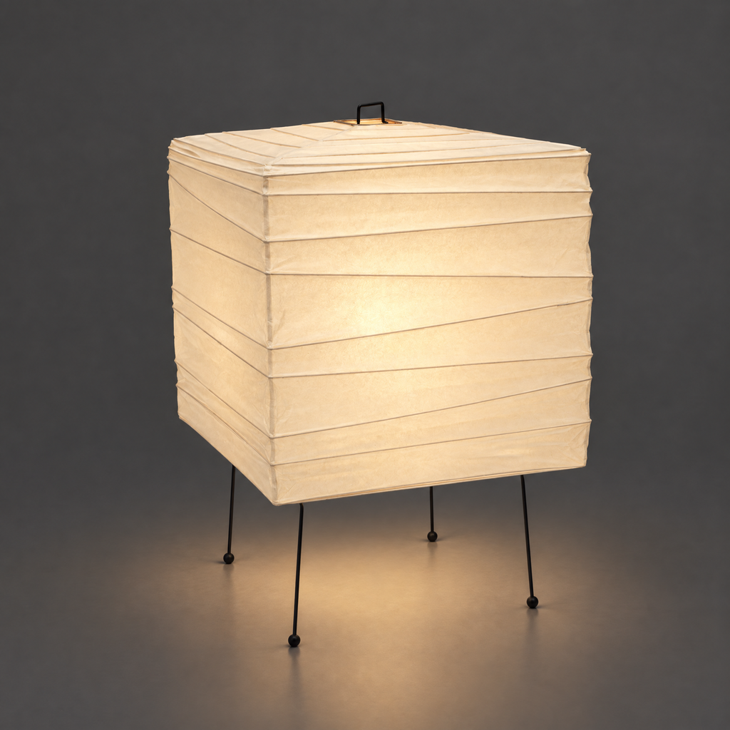 Akari 3X Tripod Lamp — lit cube shade glowing, warm light spilling under it on the gray backdrop — Captains Bamboo