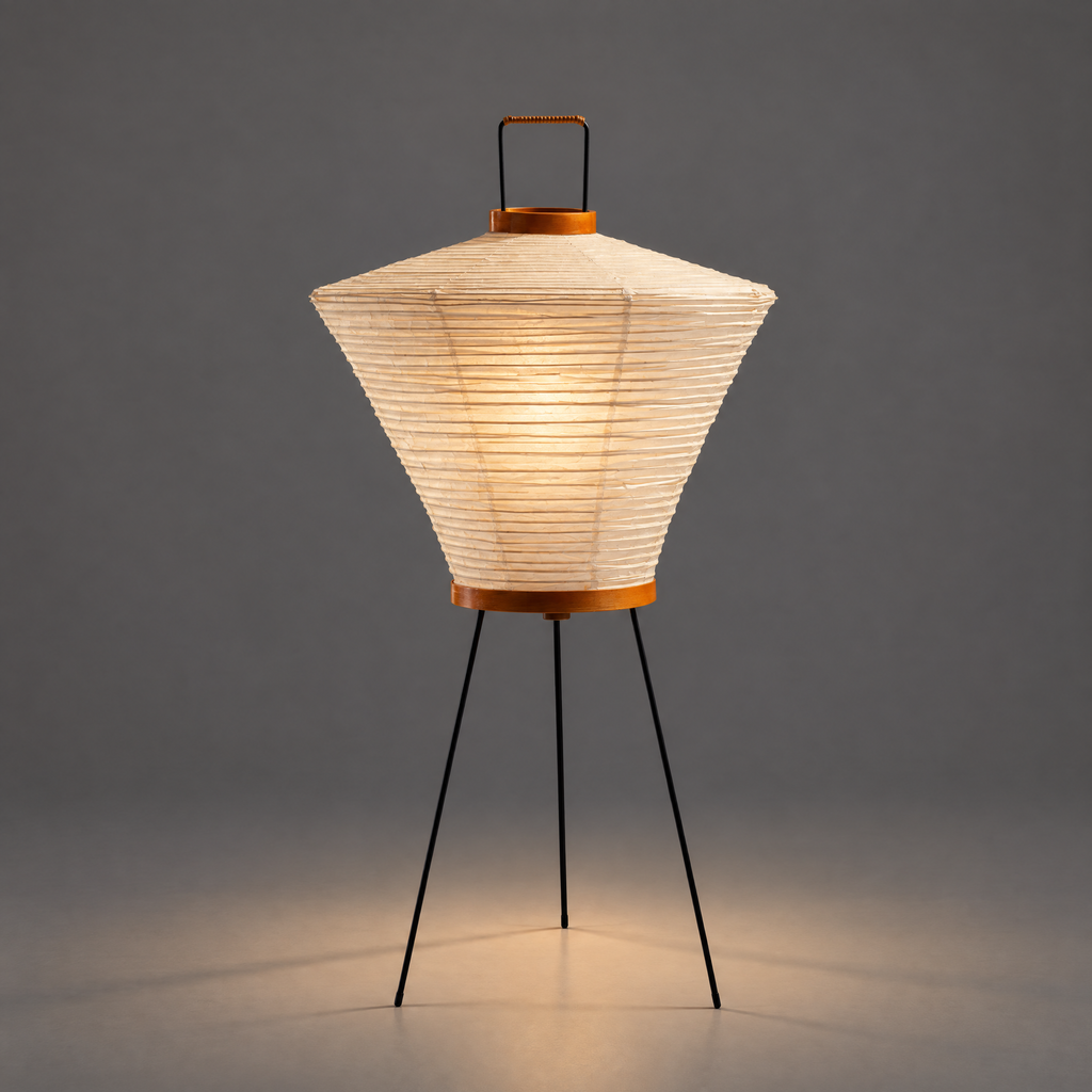 Akari 4A Table Lamp — lit flared shade glowing, warm light thrown onto the grey studio floor — Captains Bamboo