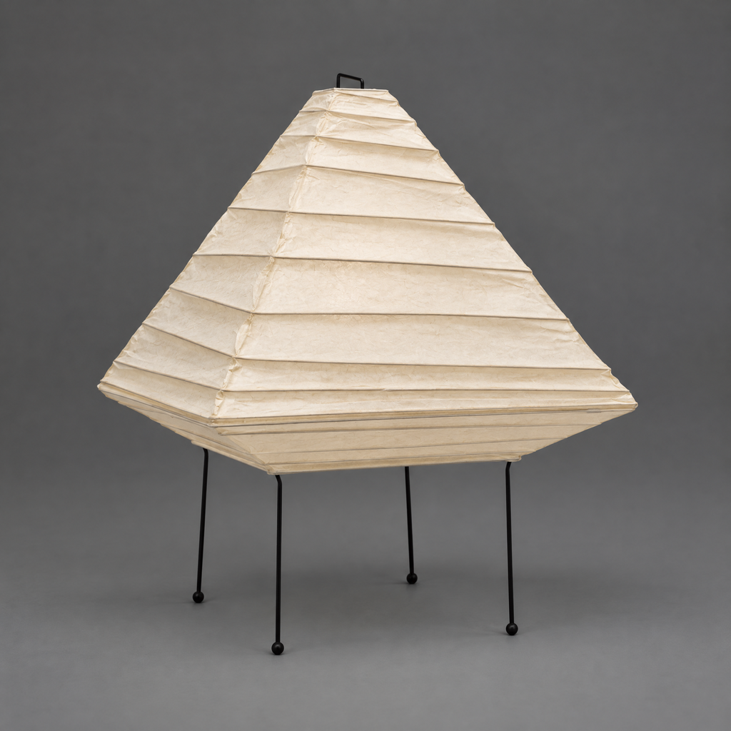 Akari 5X Floor Lamp — unlit pentagon washi shade on four thin legs, gray studio backdrop — Captains Bamboo
