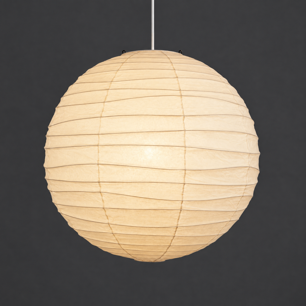 Akari 75D Pendant — the same shade lit, glowing warm with the bamboo ribs showing through — Captains Bamboo
