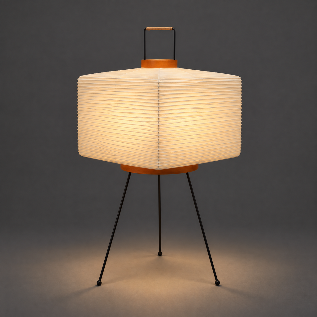 Akari 7A Table Lamp — lit shade glowing warm and spilling light onto a dark studio floor — Captains Bamboo