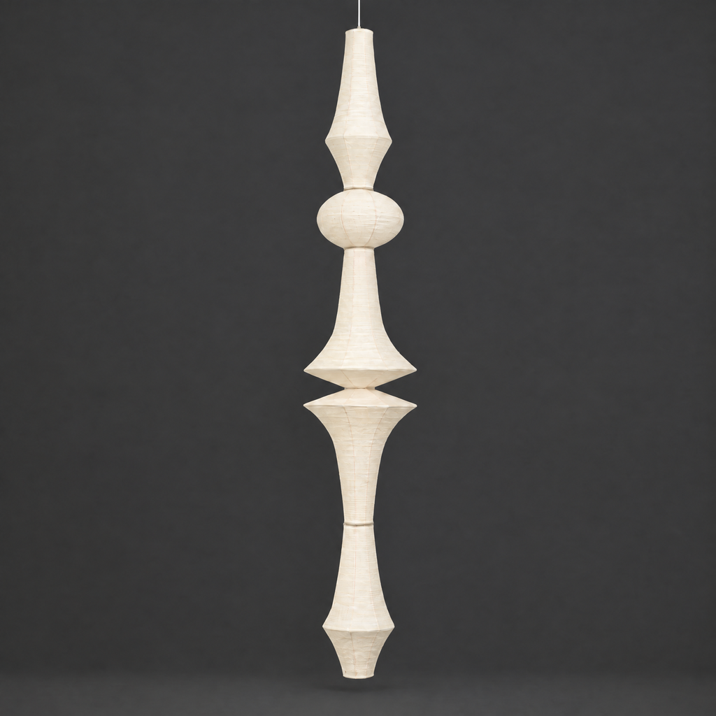 Museum Pendant Akari E Lamp — tall stacked shade with three sculptural sections, unlit — Captains Bamboo