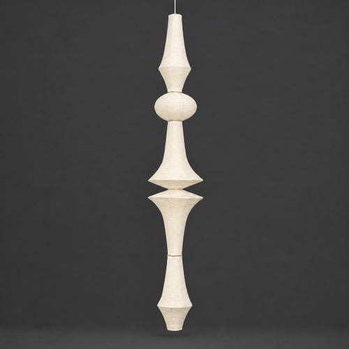 Museum Pendant Akari E Lamp — tall stacked shade with three sculptural sections, unlit — Captains Bamboo