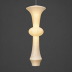 Akari H Paper Ceiling Lamp — lit washi shade glowing warm against a gray studio backdrop, full view — Captains Bamboo