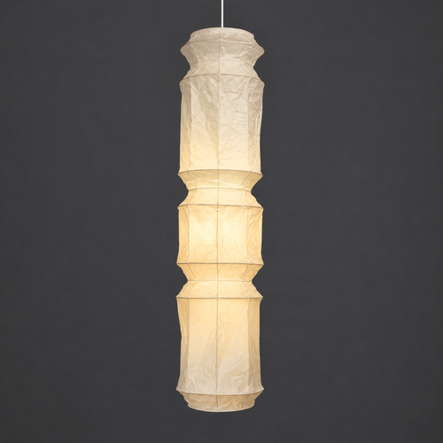 Akari L6 Paper Ceiling Lamp — lit stacked paper lantern shade glowing warm on a gray studio background — Captains Bamboo