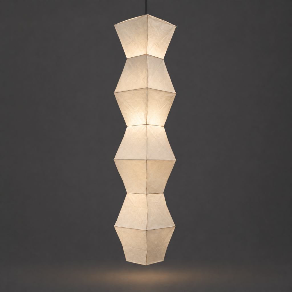 Akari L7 Paper Ceiling Lamp — unlit diamond-folded paper shade, full view on a dark gray studio background — Captains Bamboo