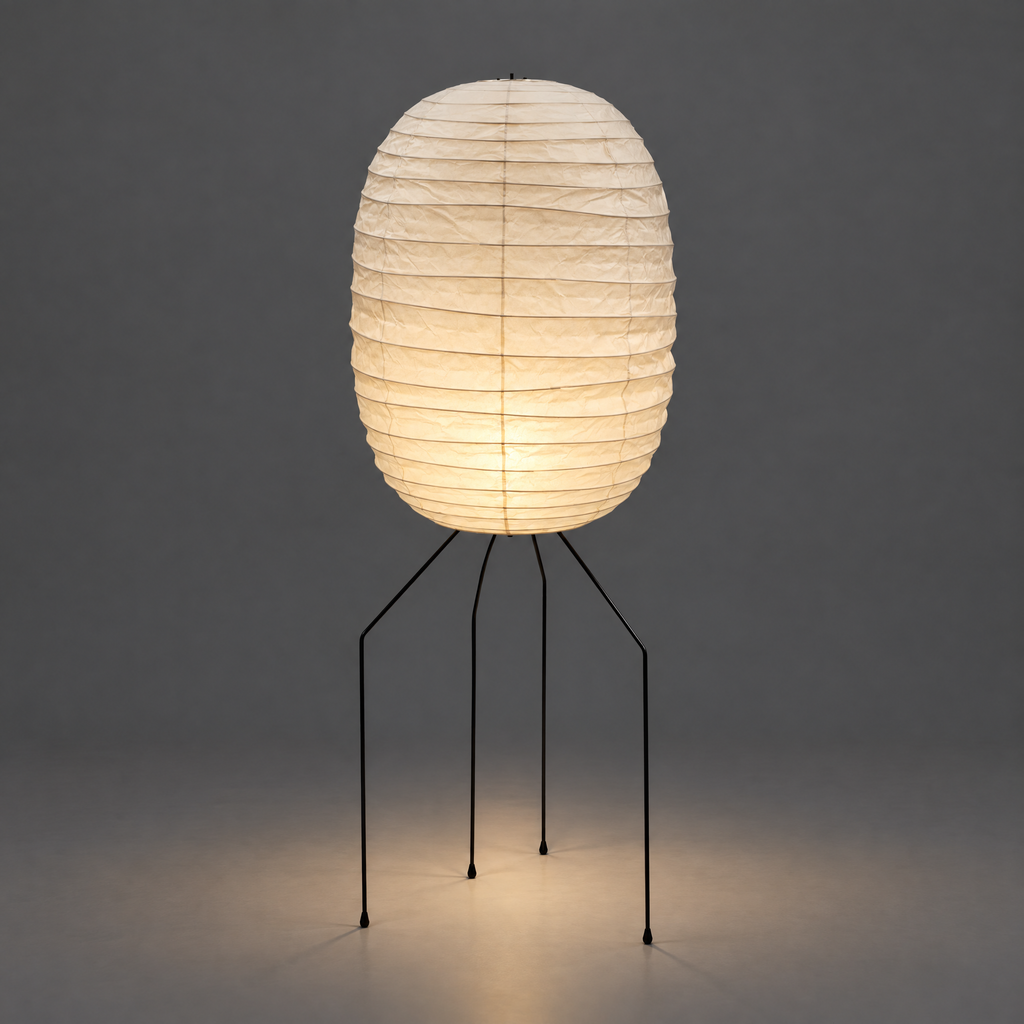 Hitomi Akari UF3-DL Floor Lamp — lit oval shade glowing warm over wall and floor in a dark studio — Captains Bamboo