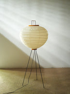 Akari 10D Floor Lamp — unlit shade on a jute rug beside a sunlit wall with diagonal shadows — Captains Bamboo