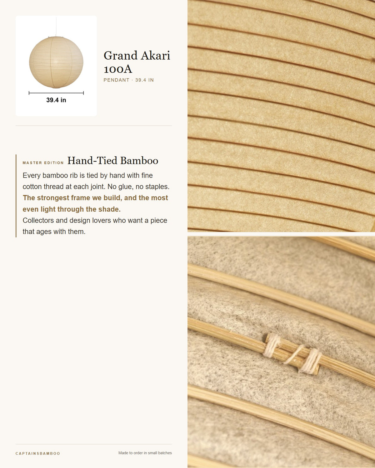 Akari Grand 75A–120A Washi Pendant — Master Edition (Hand-Tied Bamboo) / 100A