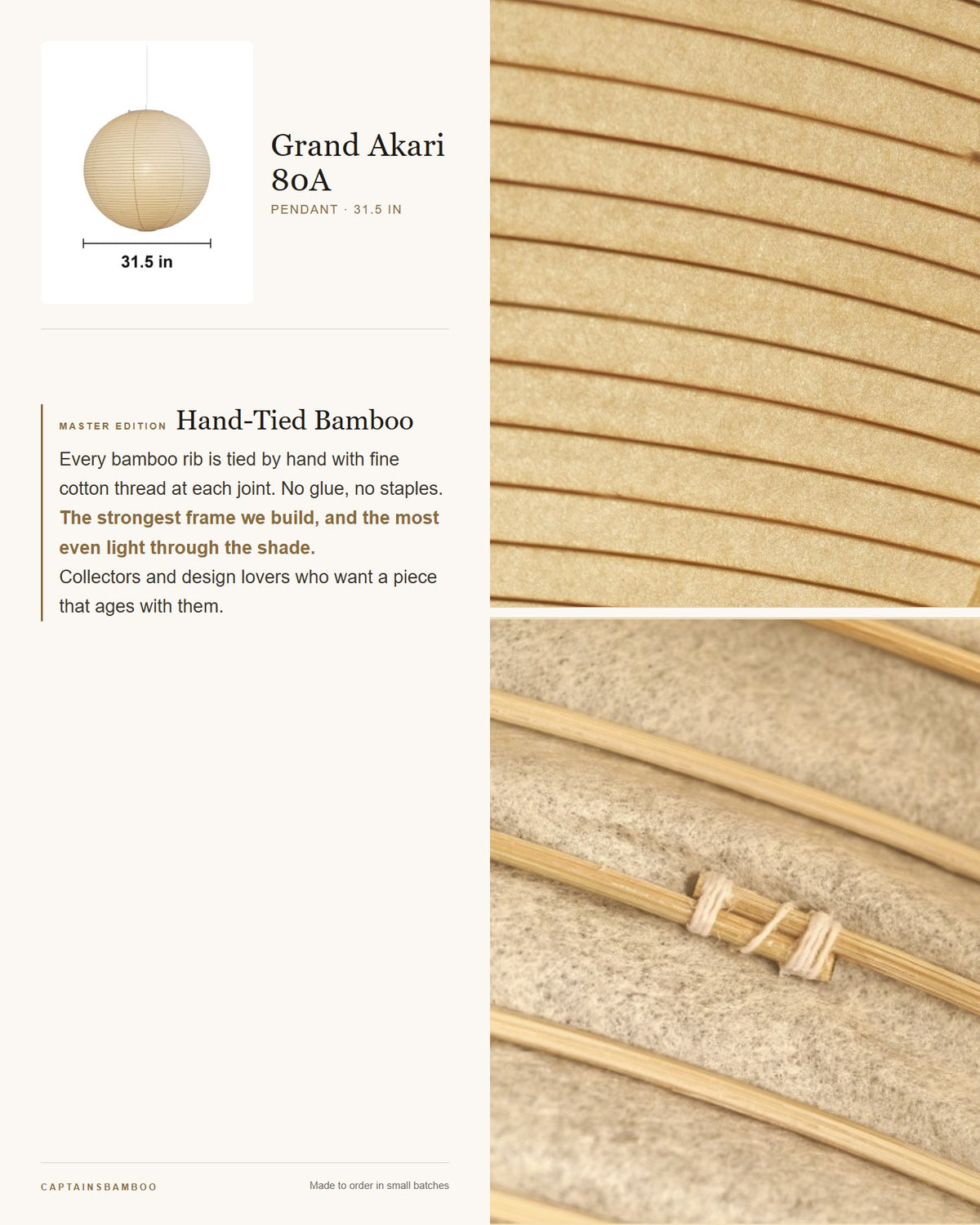 Akari Grand 75A–120A Washi Pendant — Master Edition (Hand-Tied Bamboo) / 80A 