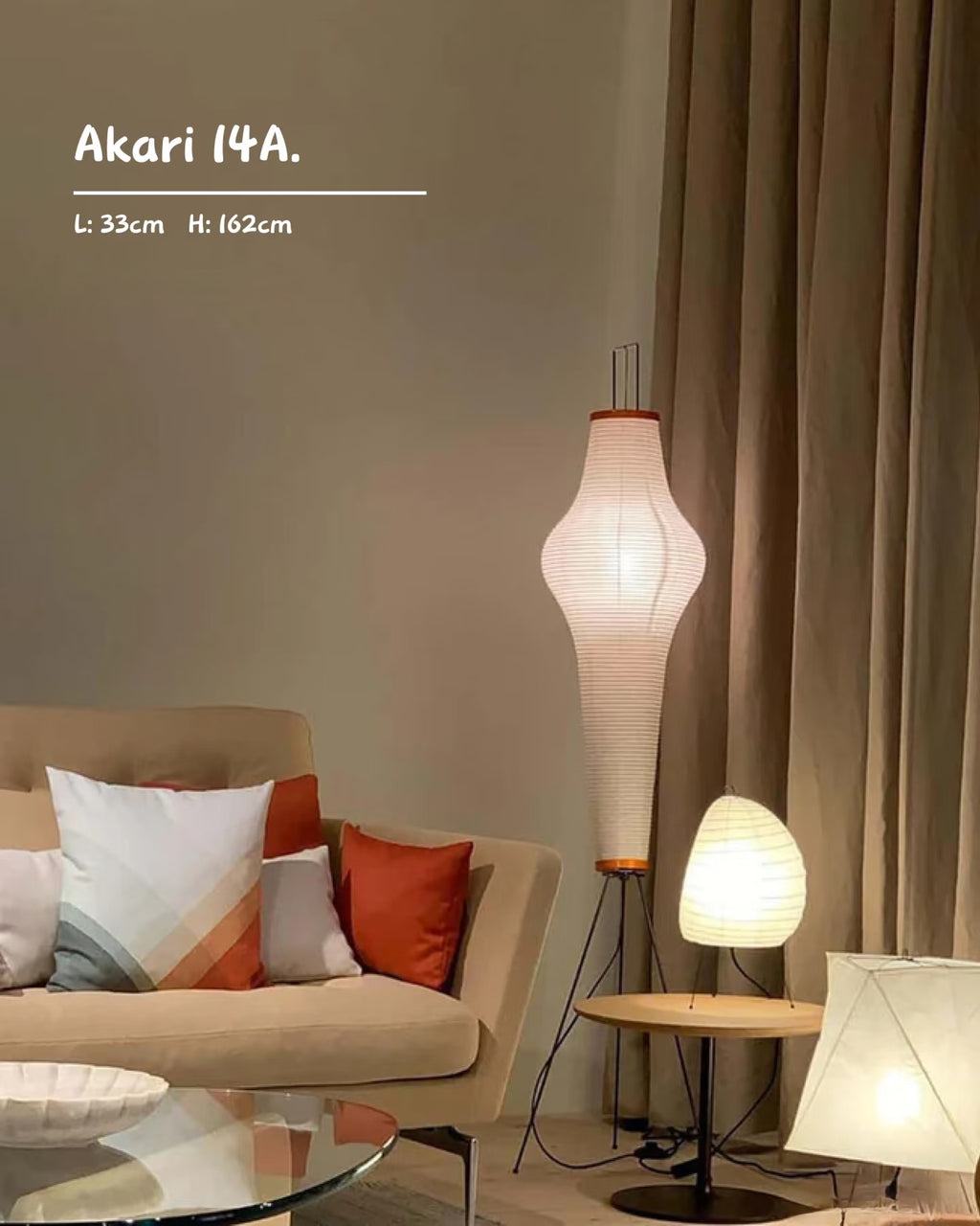 Noguchi Style Akari 14A Floor Lamp-Large Washi Light Sculpture