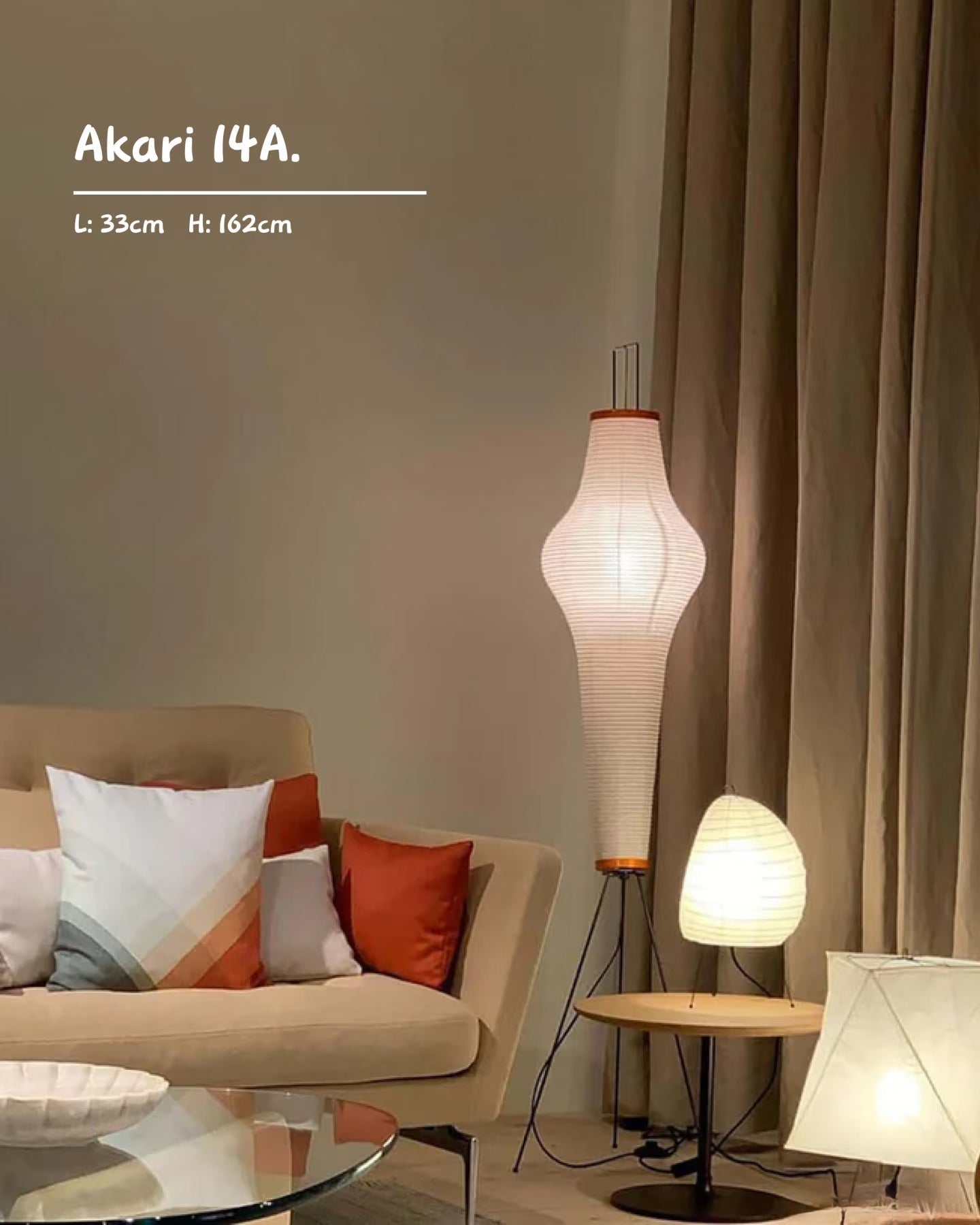 Noguchi Style Akari 14A Floor Lamp-Large Washi Light Sculpture